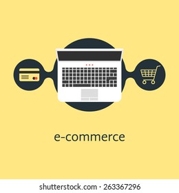 Ecommerce With Credit Card Laptop And Shopping Cart. Concept Of Merchant, Finance, Banking, On-line Supermarket. Isolated On Yellow Background. Flat Style Trendy Modern Design Vector Illustration