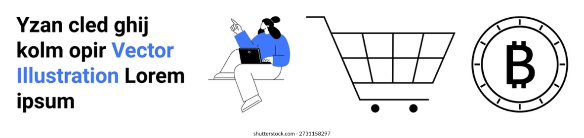 E-commerce, cryptocurrency, digital payment, online shopping, remote work, modern technology. Woman working on laptop, shopping cart Bitcoin icon. Cryptocurrency and e-commerce
