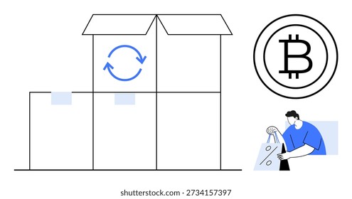 Comercio electrónico, criptomonedas, logística, sostenibilidad, compras en línea, pagos digitales. Cajas con un símbolo de reciclaje, logotipo de Bitcoin persona con una bolsa. Conceptos de comercio electrónico y criptomonedas