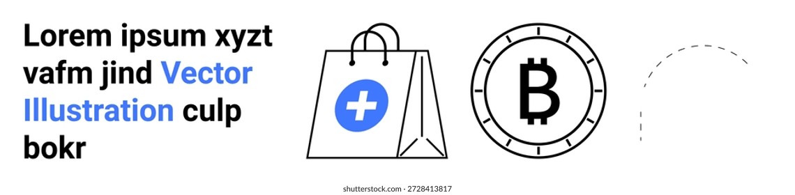 Comercio electrónico, criptomonedas, pagos en línea, activos digitales, compras de atención médica, comercio futurista. Bolsa de compras con un icono de salud y un gráfico de monedas de Bitcoin. Comercio electrónico y concepto de criptomoneda