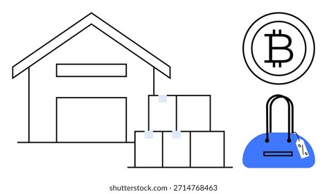 Comércio eletrônico, criptomoeda, comércio on-line, logística, pagamentos digitais, setor de varejo. Um armazém, embala o logotipo Bitcoin e ícone de bolsa. Conceitos de comércio eletrônico e criptomoedas
