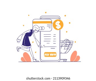 Ecommerce customer doing online payment on apps icon concept hand drawn style illustration Premium Vector
