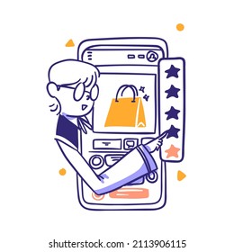 Ecommerce customer give online item feedback on apps icon concept hand drawn style illustration Premium Vector