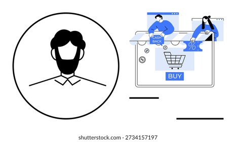 Comercio electrónico, interacción con el Cliente, cashback, compras digitales, transacciones en línea, ventas al por menor. Imagen de Perfil e interfaz de Carrito de compras con opciones de devolución de dinero. Comercio electrónico e interacción con el Cliente