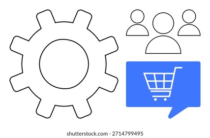 Comércio eletrônico, interação com o cliente, varejo on-line, otimização do fluxo de trabalho, colaboração em equipe, tecnologia. Engrenagem, grupo de ícones do usuário ícone do carrinho de compras no balão de fala. Comércio eletrônico e fluxo de trabalho