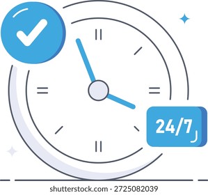 Asistencia al cliente de comercio electrónico y servicio de entrega rápida representada por un reloj azul y un icono de marca de verificación. Ideal para Sitios web de negocios en línea en una Ilustración vectorial plana isométrica.