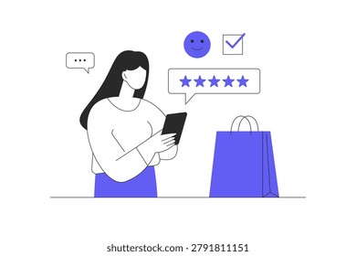 E-commerce Customer Testimonial and Online Leaving Comment Process. Female Character Giving Five Stars Feedback and Rating App on Smartphone. Flat Cartoon Vector Illustration, icon Stylish abstract design landing page web