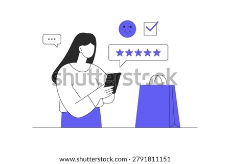 E-commerce Customer Testimonial and Online Leaving Comment Process. Female Character Giving Five Stars Feedback and Rating App on Smartphone. Flat Cartoon Vector Illustration, icon Stylish abstract design landing page web