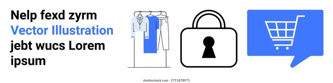 E-commerce, cybersecurity, online sales, digital communication, retail, shopping platforms. Simple icons of a clothing rack, a lock and a shopping cart. E-commerce and cybersecurity illustrated