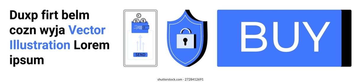Comercio electrónico, ciberseguridad, transacciones en línea, pagos digitales, tecnología, compras seguras. Escudo con cerradura, tarjeta digital y comprar Botón. Concepto de ciberseguridad y transacciones en línea