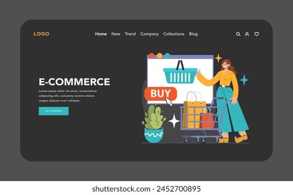 E-commerce dark or night mode web, landing. Woman adds product to online cart. Digital shopping cart, finalizing purchase. Trendy outfit, virtual user-friendly market,. Flat vector illustration.
