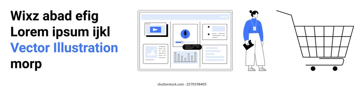 E-commerce dashboard with graphs, a person holding documents, and a shopping cart. Ideal for online shopping, analytics, business management, consumer behavior, and web development. Banner