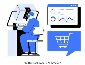 Comercio electrónico, análisis de datos, compras en línea, gestión de negocios, marketing digital, tendencias tecnológicas. Una persona que trabaja en una computadora mientras ve análisis y un ícono de Carrito de compras. Comercio electrónico