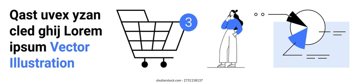 Ecommerce, data analysis, online shopping, user behavior, technology, statistics. Shopping cart with notification, woman thinking and circular analytics chart. Ecommerce and data analysis