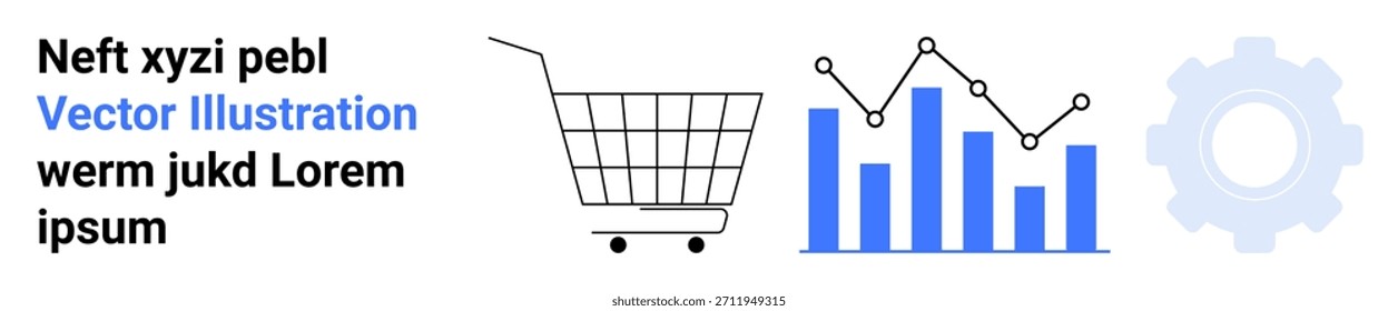 E-commerce, data analytics, business growth, market research, technology, process optimization. Shopping cart, bar graph with trend lines gear icon. E-commerce and data analytics concept