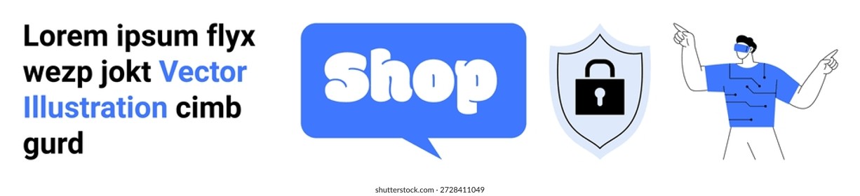 Ecommerce, data security, online shopping, cybersecurity, privacy, consumer protection. Shop text with a shield and lock icon alongside an illustrated person. Ecommerce and data security