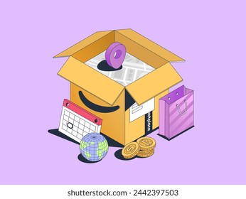 E-commerce Delivery concept with Package Box and Placeholder. Isometric Marketplace Composition. Parcel Delivery vector illustration