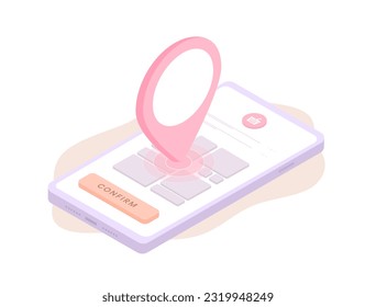 E-commerce delivery concept with smartphone and order confirmation. Same-day local courier delivery service app for on-demand deliveries. Isometric vector illustration