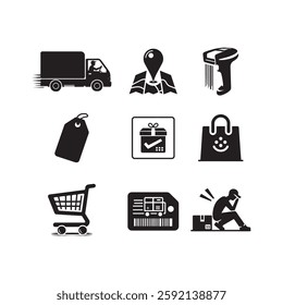 E-commerce and Delivery Icons Set,Online Shopping, Logistics,Barcode Scanner,Shipping,Payment, Retail Business,Digital Marketplace,Inventory Management, Order Tracking,Shopping Cart,Customer Service  