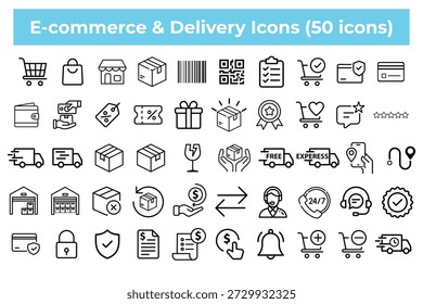 Iconos de comercio electrónico y línea de entrega con 50 símbolos de Vector de compras