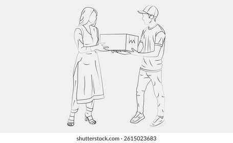 E-commerce delivery, A delivery man delivering products Line drawing a White background.