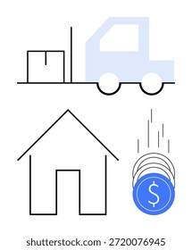 Comércio eletrônico, serviços de entrega, logística, compras no domicílio, transações financeiras, varejo on-line. Um caminhão de entrega, casa e moedas. Conceito de comércio eletrônico e serviços de entrega