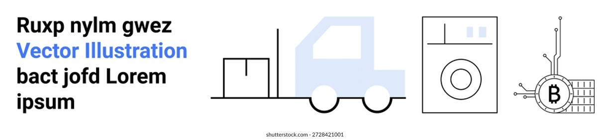 E-commerce, delivery systems, blockchain technology, industrial manufacturing, smart appliances, digital transformation. package, truck washing machine and blockchain graphic. E-commerce