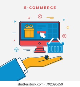 E-commerce Design Concept. Businessman Hand Holding Monitor with Shop Basket and Gift Box. Flat Line Art. Vector Illustration