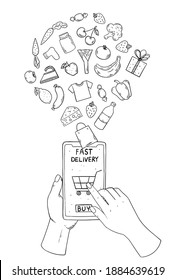 E-commerce design concept. Hand holding smart phone. Vintage vector illustration. Internet shopping ecommerce concept. Hand drawn sketch. Buy button on the screen.