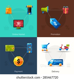 E-commerce design concept set with online market promotion payment delivery polygonal icons isolated vector illustration