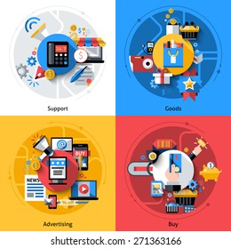 E-commerce design concept set with support goods advertising buy flat icons isolated vector illustration