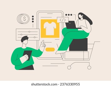 E-commerce development abstract concept vector illustration. E-commerce website development, online shopping app, sale platform, commerce web application, company page, menu bar abstract metaphor.