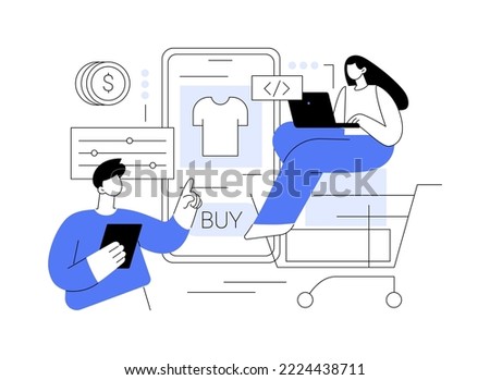 E-commerce development abstract concept vector illustration. E-commerce website development, online shopping app, sale platform, commerce web application, company page, menu bar abstract metaphor.