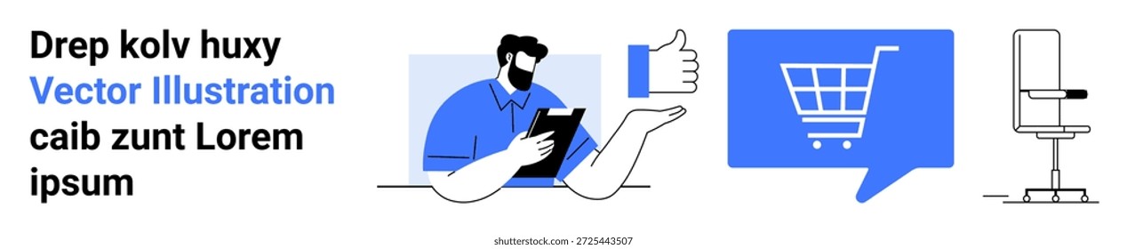Comercio electrónico, comunicación digital, interacción con el Cliente, interfaz de compras, herramientas comerciales, plataformas en línea. Persona que sostiene una tableta, símbolo de Carrito pulgar hacia arriba icono y gráfico de muebles. Comercio electrónico
