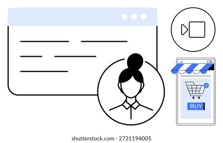 Comercio electrónico, comunicación digital, streaming, interfaz de usuario, servicios en línea, tecnología. Una interfaz de Web, un avatar de mujer, un ícono y un Carrito de compras con un Botón de compra. Comercio electrónico