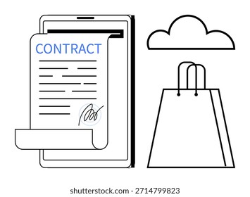 Comércio eletrônico, contratos digitais, acordos on-line, computação em nuvem, negócios, transações sem papel. Tela de Smartphone exibindo um contrato assinado, saco de compras e ícone de nuvem. Comércio eletrônico