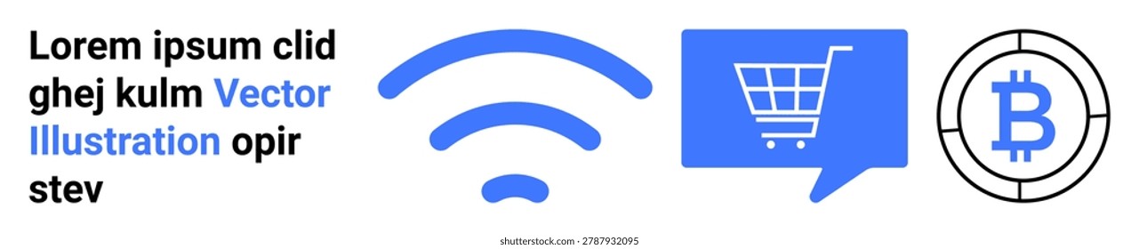 E-commerce, digital currency, online payments, internet services, wireless communication, blockchain technology. wireless waves, shopping cart in speech bubble bitcoin icon. E-commerce and digital
