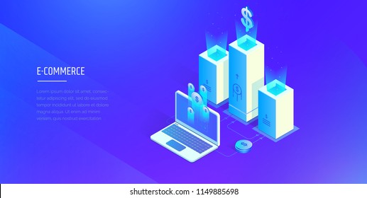 E-commerce. Digital financial system. Work and profit analysis of the electronic financial system. Modern vector illustration isometric style.