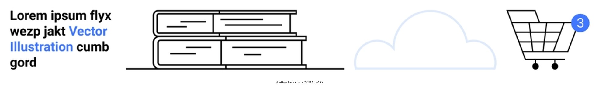 E-commerce, digital library, online shopping, cloud storage, data management, notification alert. Books, a cloud and a shopping cart with a notification icon. E-commerce and digital library