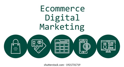 ecommerce concepto de fondo de marketing digital con iconos de marketing digital de ecommerce. Bolsa de compra relacionada con los iconos, tarjeta de débito, sitio web, web, pago en línea