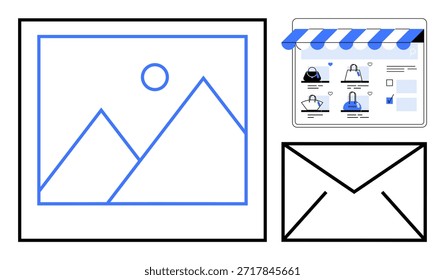 Comércio eletrônico, marketing digital, ferramentas de comunicação, varejo online, plataformas de mensagens, conteúdo visual. Interface de loja online, ícone da foto do envelope. Conceitos de comércio eletrônico e marketing digital