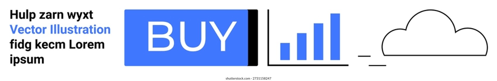 Ecommerce, digital marketing, data storage, purchasing, analytics, cloud technology. A blue buy button, rising bar chart and a cloud icon. Ecommerce and digital marketing concept
