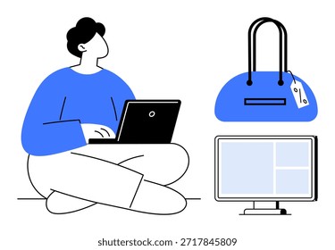 Comercio electrónico, marketing digital, tiendas en línea, comportamiento del consumidor, tecnología minorista, hábitos de compra. Persona que usa una computadora portátil, una bolsa de compras y una pantalla de monitor. Comercio electrónico y marketing digital