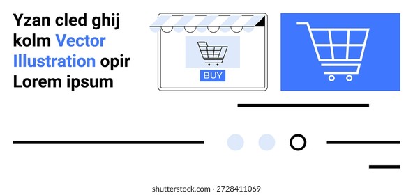 Comércio eletrônico, marketing digital, transações online, aplicativos de compras, lojas virtuais, web design. Ícone do carrinho de compras e elemento de frente de loja com texto. Conceito de aplicativos de comércio eletrônico e compras