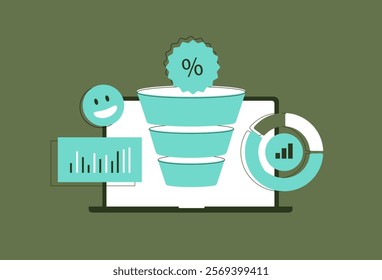 E-commerce digital marketing with sales funnel, analytics charts, conversion rates and customer insights. Online marketing in e-commerce, business strategy and performance tracking illustration