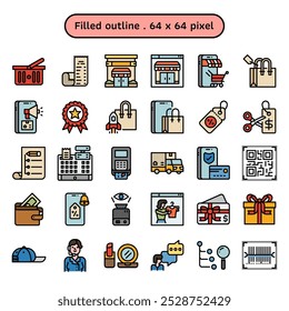 Icono de Vector de comercio electrónico y marketing digital en un estilo de contorno completo. Las colecciones incluyen Tarjeta de regalo, cesta de supermercado y venta en vivo en línea. El humano hizo 64x64 píxeles.