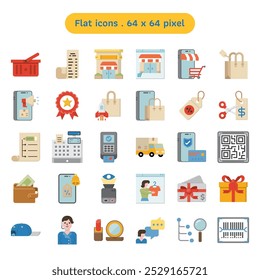 E-commerce and digital marketing vector icon set in a flat style. Collections include gift card, supermarket basket, and live sell online. Human made 64x64 pixels. Editable stroke.