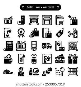 E-commerce and digital marketing vector icon set in a symbol or glyph style. Collections include gift card, supermarket basket, and live sell online. Human made 64x64 pixels. Editable stroke.