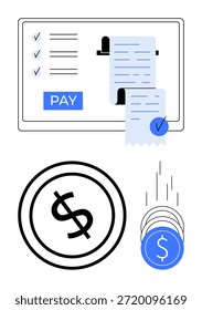 Comercio electrónico, pago digital, tecnología financiera, sistemas de facturación, compras en línea, cambio de divisas. Una lista de verificación con un Botón de pago, signos de Comprobante y monedas. Pago digital y financiero