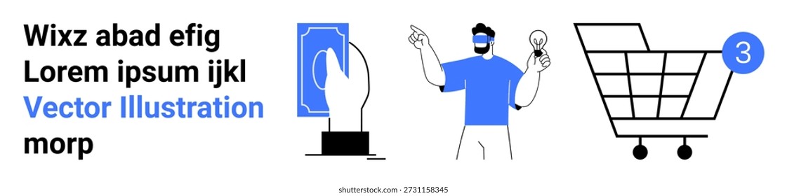E-commerce, digital payment, modern technology, online shopping, innovation, purchase journey. A hand interacts with a device, a person with an idea lightbulb and a shopping cart. E-commerce